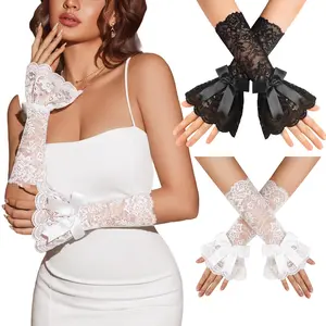 Avidlove Women Ruffle Bow Lace Gloves Fingerless Mid Elbow Sleeve Costume Wedding Opera Tea Party Prom Cosplay Gothic