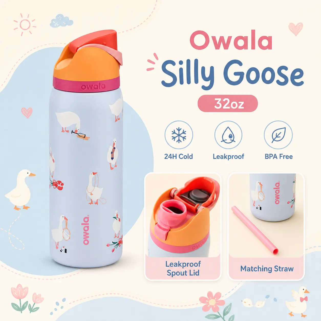 Owala Silly Goose 32oz FreeSip Water Bottle, Cute Goose Print Insulated Stainless Steel Bottle, Pink Straw, Leakproof BPA-Free Travel Tumbler