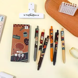 6pcs in 1 box cute retro gel pens, retractable gel pens with 0.5mm black ink for smooth writing, perfect for cute stationery, journaling and office or school supplies