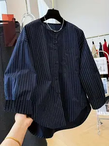 Elegant Korean-Style Loose Fit Striped Long Sleeve Button Blouse for Women, Womenswear Autumn Casual Round Neck Top, Unique Design, Comfortable Wear