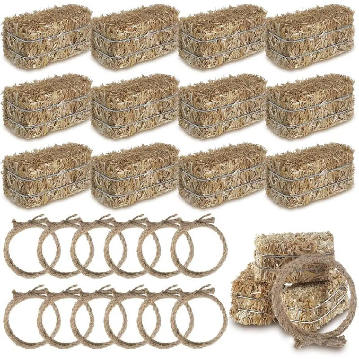 24 count Western Themed Party Decorations 12 Mini Decorative Hay Bales with 12 Twisted  Rope for Cowboy Table Centerpieces Horse Rodeo Fall Harvest Craft, 1.2 x 2.6 x 1.2 Inch Each