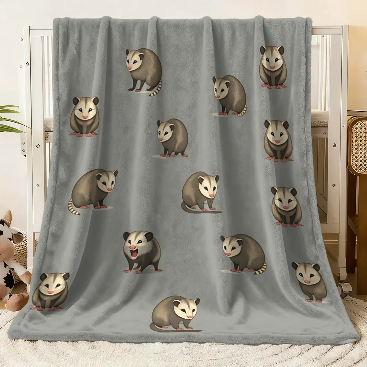 Cute Cartoon Opossum Print Flannel Blanket - Soft Warm Cozy Plush Fleece Throw for Bed Couch Sofa, All - Season Lightweight Blanket with Adorable Animal Pattern, Decorative Blanket for Bedroom Liv