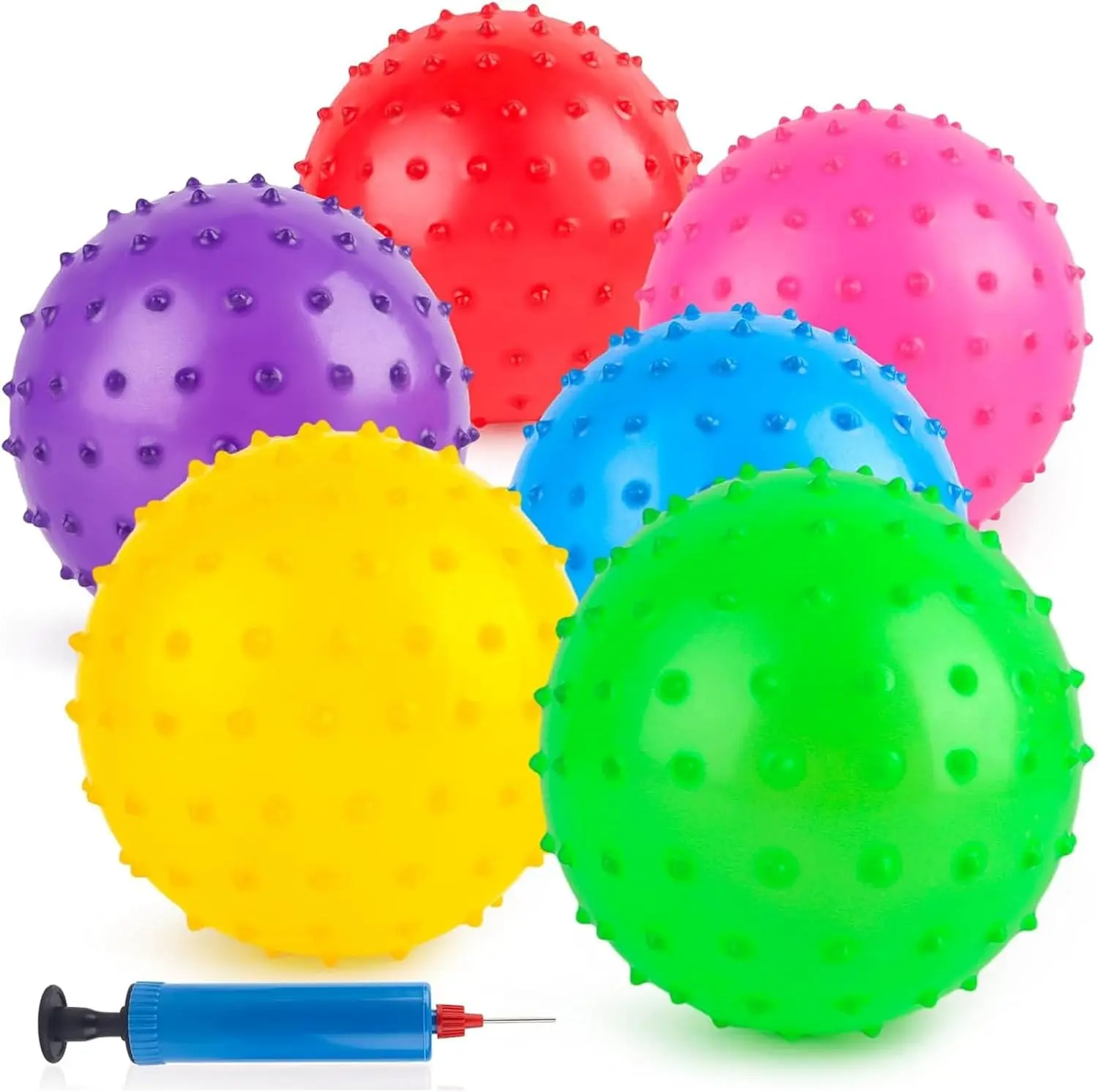 6PCS Bouncy Balls, 7 Inch Sensory Balls for Babies Toddlers, Mini Knobby Ball Spiky Massage Stress Ball with Pump, Party Favors for Kids, Classroom Prize, Goodie Bags Stuffers