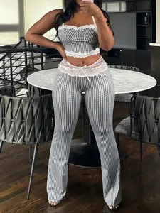 Trendy Street Style Elegant Aesthetic Lace Trim Contrast Gingham Waist Cutout Set Pure Coquette Cami and Bodycon Fitted Flared Pants Two Piece Sexy Crop Top High Waist Stretchy Loungewear Blue White Checkered Outfit Y2K Baddie Night Out Summer Look