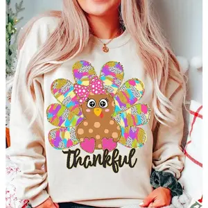 Colorful Coquette Turkey Sweatshirt, Glitter Turkey Thanksgiving Sweatshirt, Thankful Sweatshirt, Dalmatian Dots Bow Fall Sweatshirt, Hand Drawn, brushstroke Sweatshirt
