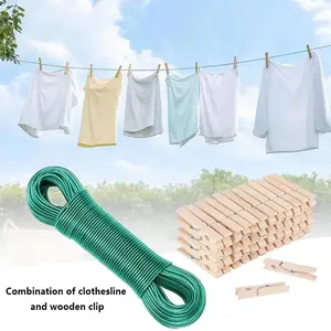 PVC Coated Steel Wire Clothesline 65/164 Feet, Thick Camping Rope with 3 Inch Wood Clips, Durable Metal Reinforcement, All Weather Use