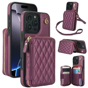 Quilted Pattern Phone Case with Card Slot & Wrist Strap, RFID Shielded PU Leather Phone Case, Stylish Zipper Tote with Card Slot and Wrist Strap, Anti-theft Brush Durable Great for Daily Use and Travel, Protective Cover, Accessories