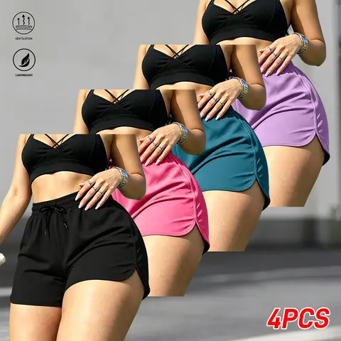 Women's New Summer 3-Inch Stretchy Athletic Shorts 4-Pack - Lightweight Performance Polyester Fabric, Elastic Waistband with Fake Drawstring, Gym Workout Apparel, Sporty Everyday Wear Bottoms