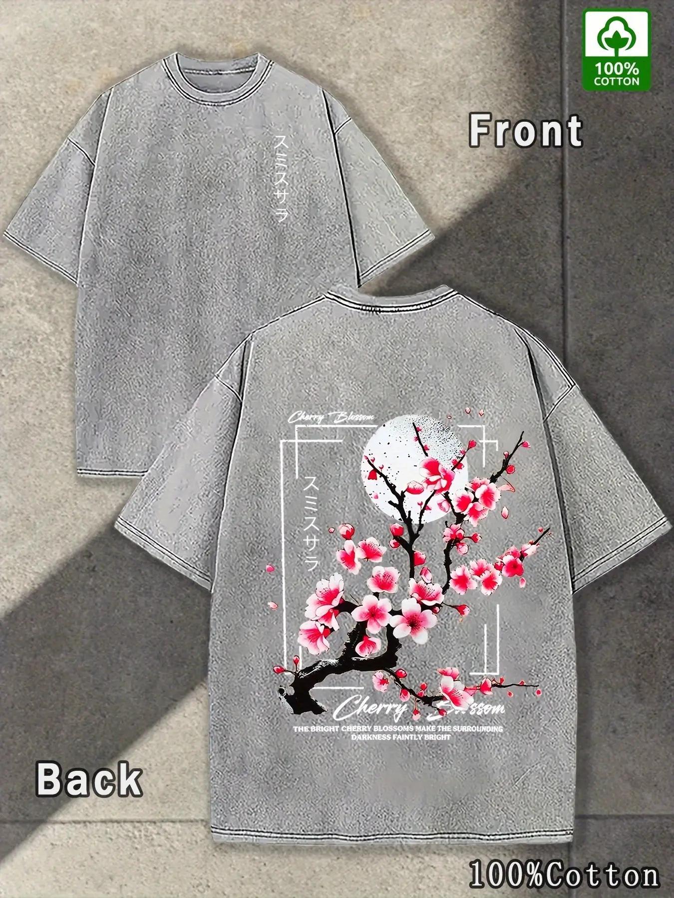 Men's 100% Washed Round Neck Short Sleeve Streetwear T-Shirt, Loose Knit Fabric with Cherry Blossom & Japanese Lettering Print, Fashion Casual Weekend Wear Pink Unisex Graphic Acid Wash Menswear Top tiktokshopspringglowup,summervibes Menswear Tops