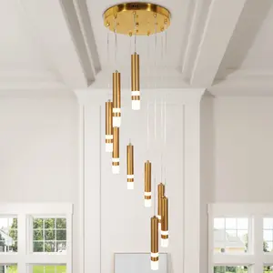 13.8 Inch Modern Gold 9-Light Cylinder LED Chandelier, Integrated Warm White LED, Adjustable Hanging Height, Iron Frame with Acrylic Shade, Wall Switch Control for Kitchen Island High Ceiling Foyer Stairwell Living Room