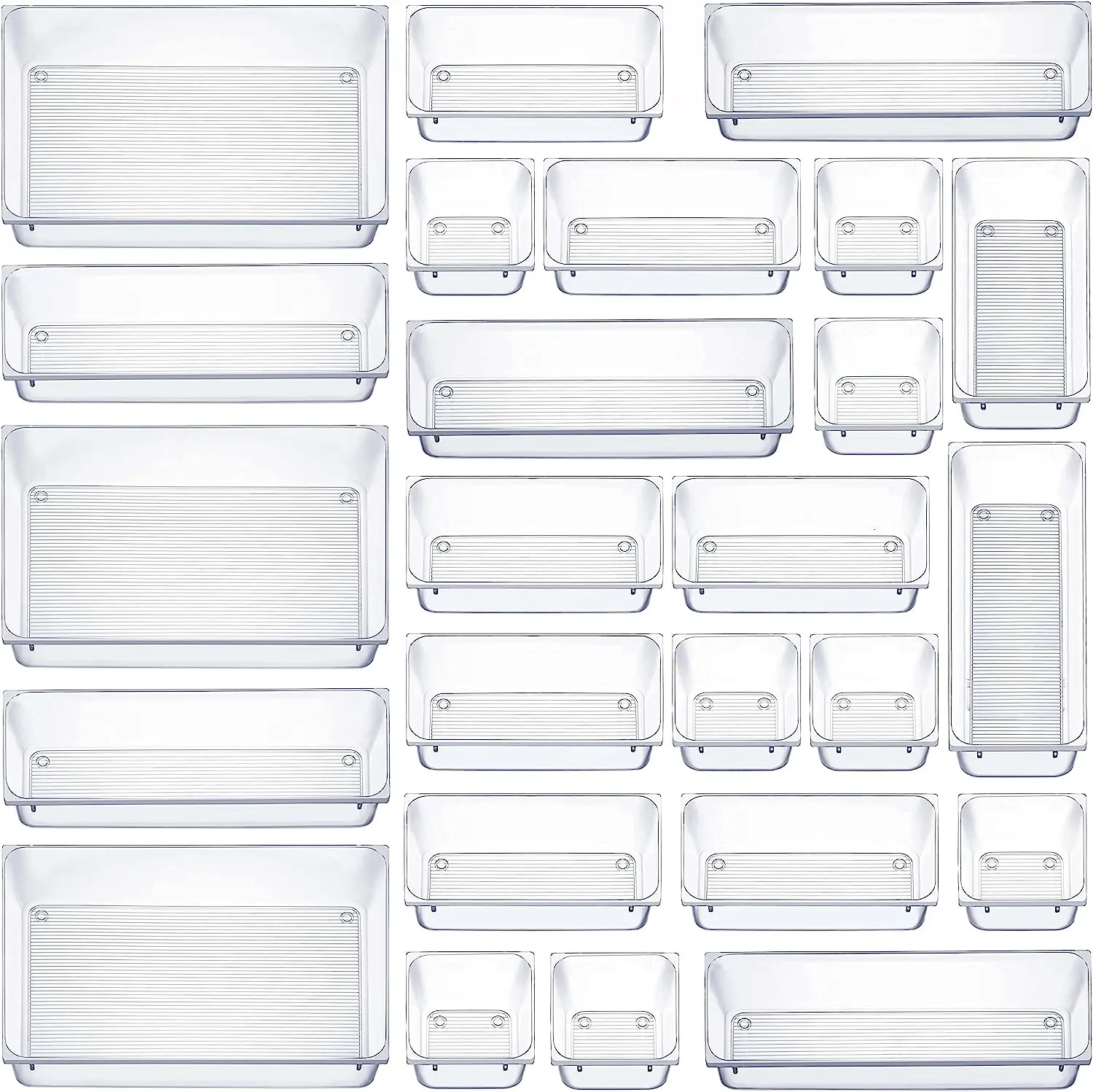 25 Pcs Drawer Organizer Set Dresser Desk Drawer Dividers - 4 Size Bathroom Vanity Cosmetic Makeup Trays - Multipurpose Clear Plastic Storage Bins for Jewelries, Kitchen Gadgets and Office Accessories