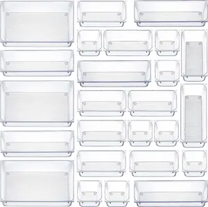 25 Pcs Drawer Organizer Set Dresser Desk Drawer Dividers - 4 Size Bathroom Vanity Cosmetic Makeup Trays - Multipurpose Clear Plastic Storage Bins for Jewelries, Kitchen Gadgets and Office Accessories