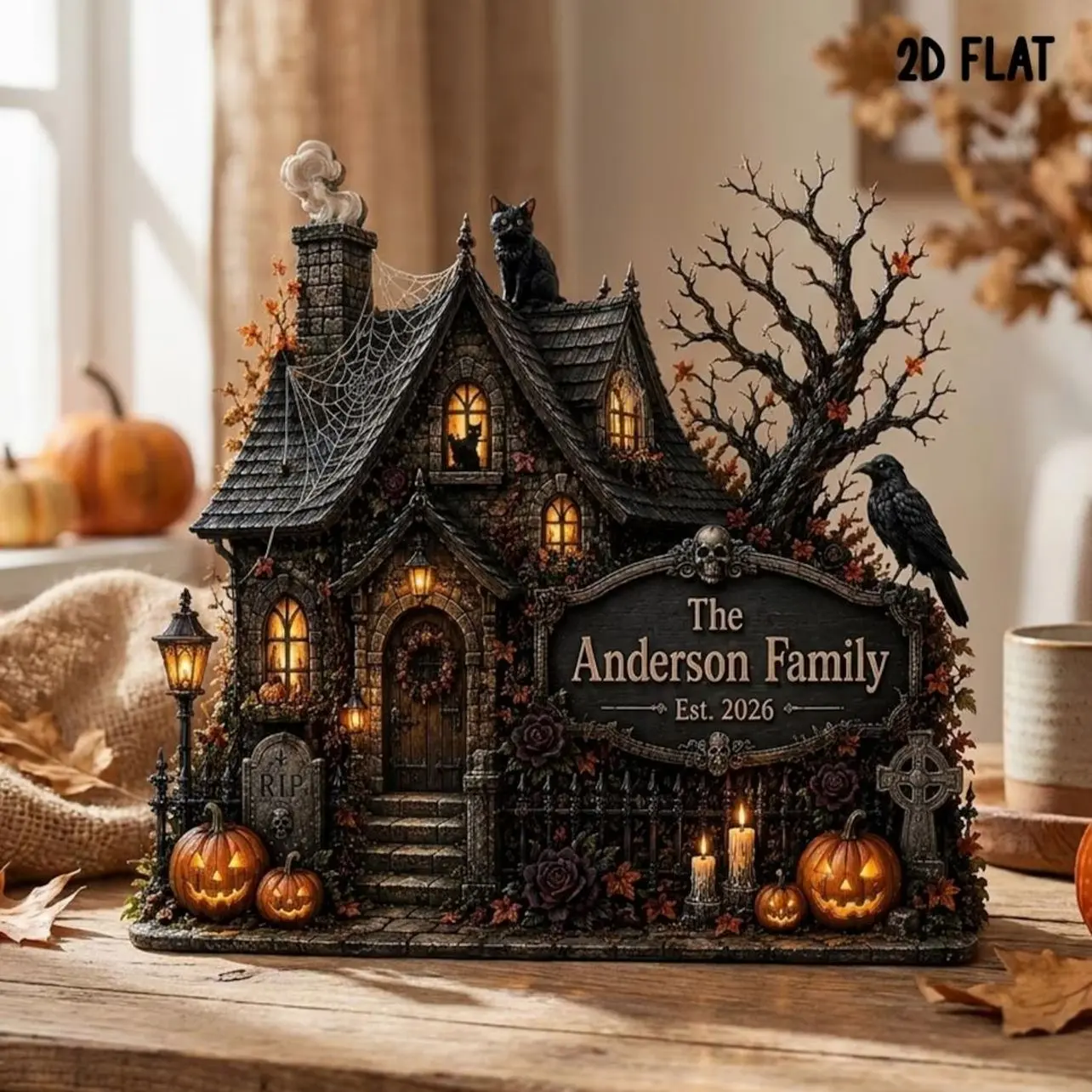 Personalized Haunted House Wooden Block, Custom Family Halloween Decor, Spooky House Table Decor, Gothic Halloween Keepsake, Halloween Gift