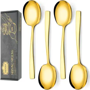 4 Piece Stainless Steel Serving Spoons Set - 4 Large Spoons, 9.2-Inch, Dishwasher Safe, for Parties Kitchen Buffet Catering,Gold