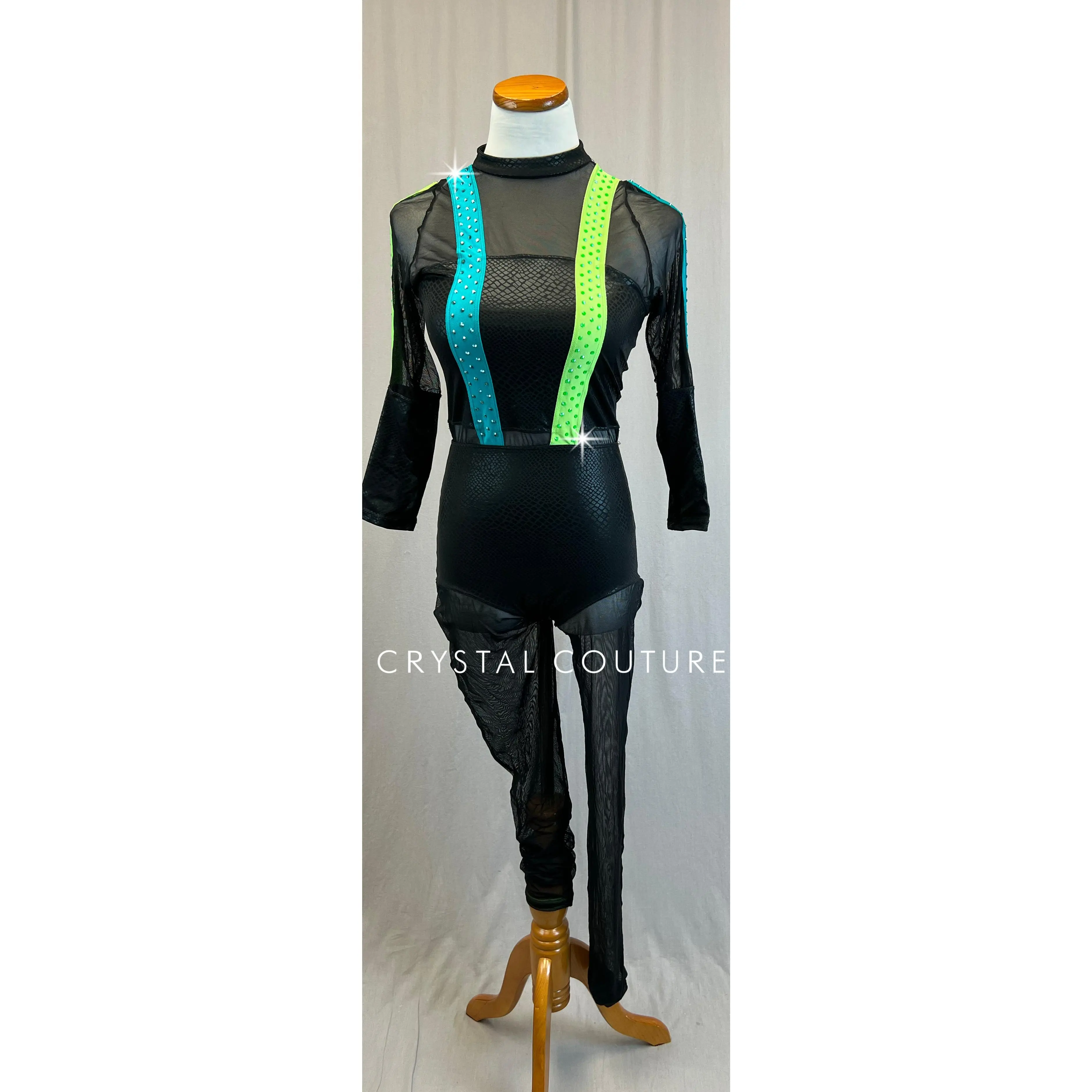 Black Snakeskin and Mesh Long Sleeve Unitard with Neon Accents -Rhinestones
