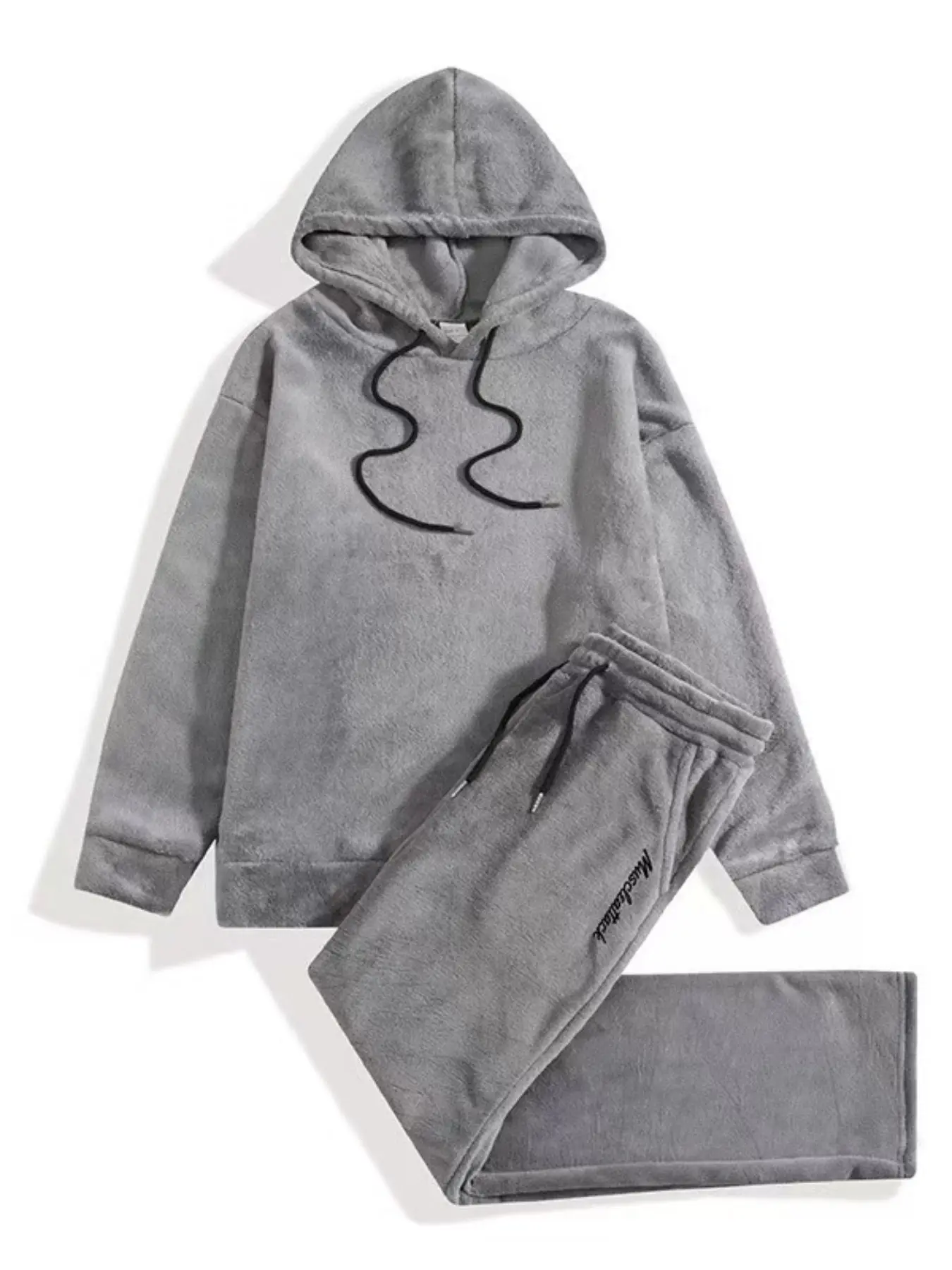 Men's Autumn Winter Plush 2-Piece Tracksuit - Hoodie with Drawstring Hood & Drawstring Pants Set, Soft Fleece Fabric for Cozy Casual/Home/Outdoor Wear, Featuring Contrast White Drawstrings & Side Embroidery, Tracksuit Sets