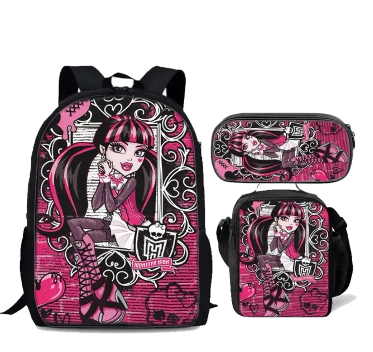 Cute Gothic Monster Squad 3Pcs Laptop Backpack Set with Insulated Lunch Bag Back to School Halloween Christmas Gift for Girls