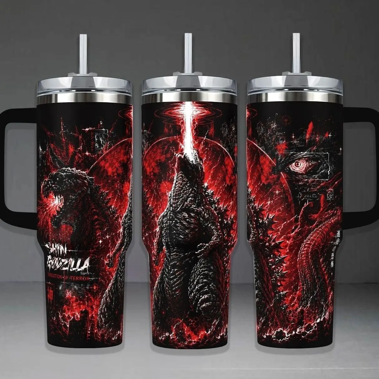 Shin Godzilla Evolution Of Terror Tumbler Cup, Red Black Kaiju Monster Atomic Breath Full Wrap Stainless Steel Insulated Tumbler 20oz/40oz With Straw Lid Included, 40oz Handle Option