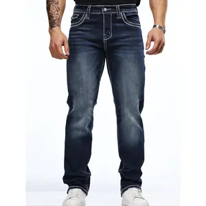 Men's Classic Four-Season Stretch Slim-Fit Embroidered Straight Leg Jeans - Retro Style, Machine Washable, All-Season Comfort with Pockets, Comfortable Fit, Stylish Embroidery, Medium Elasticity, Nontransparent Casual Camouflage Double Waisted pants now