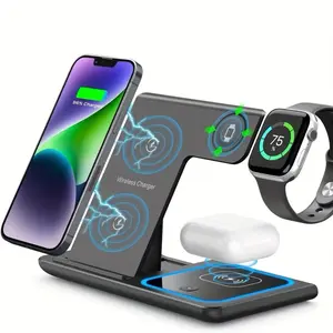 3 in 1 Wireless Charger for Apple & Android Devices. Fast Charging Dock Station for Airpods, Watch, and Phone. Accessories, Cellphone, Smartphone. Foldable. Electronic Mobile.