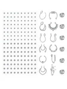 Punk Fake Body Piercing Jewelry Set, Self Adhesive Stainless Steel Balls Face Gems, Fake Nose Ring Magnetic Nose Studs Fake Lip Ring Fake Eyebrow Piercing, Fashionable Non Piercing Body Jewelry for Women & Men