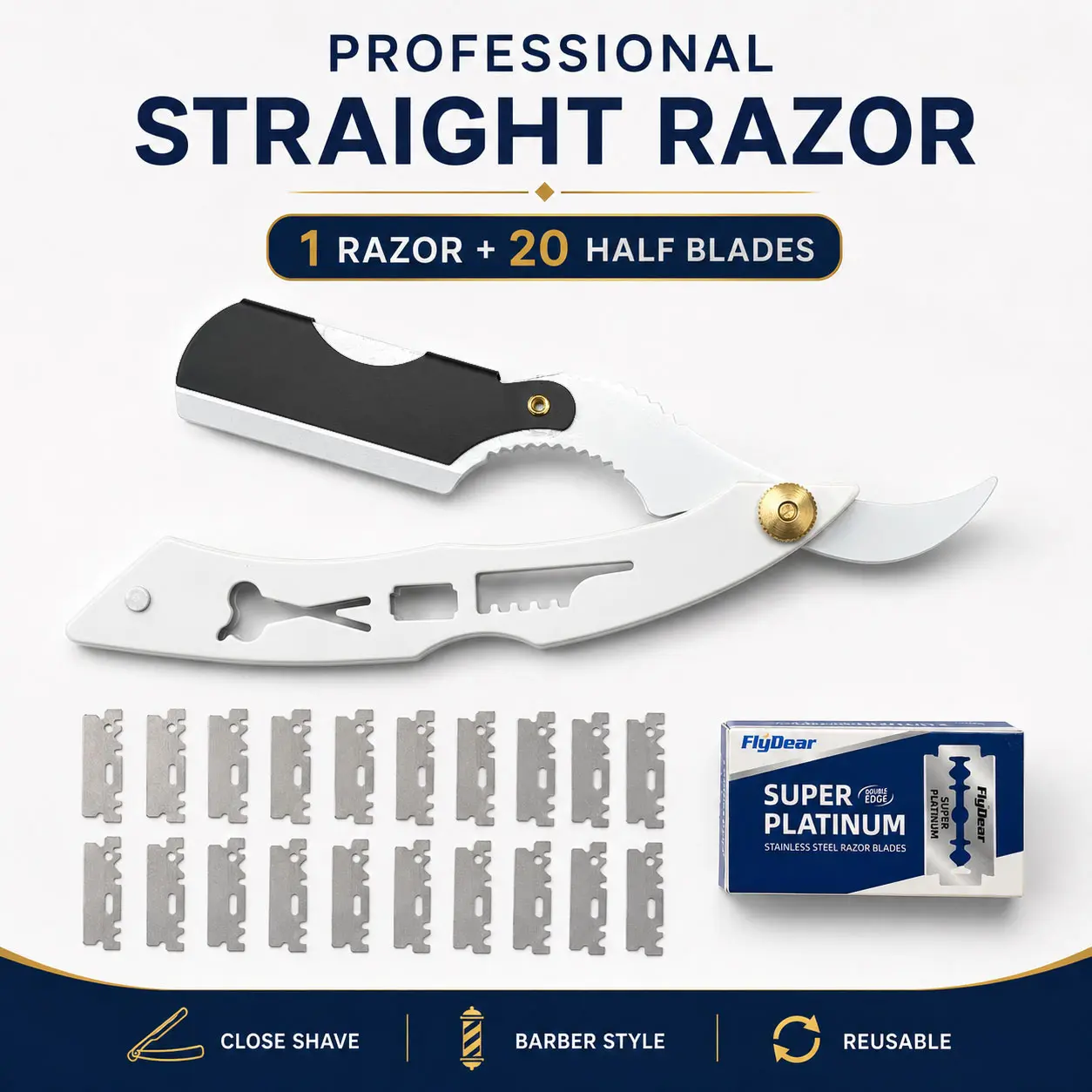 Professional Barber Straight Razor for Men, Classic Shaving Tool for a Smooth Shave with Metal Handle, Includes 200-Count Replaceable Blade Pack, Metal Handle Razors