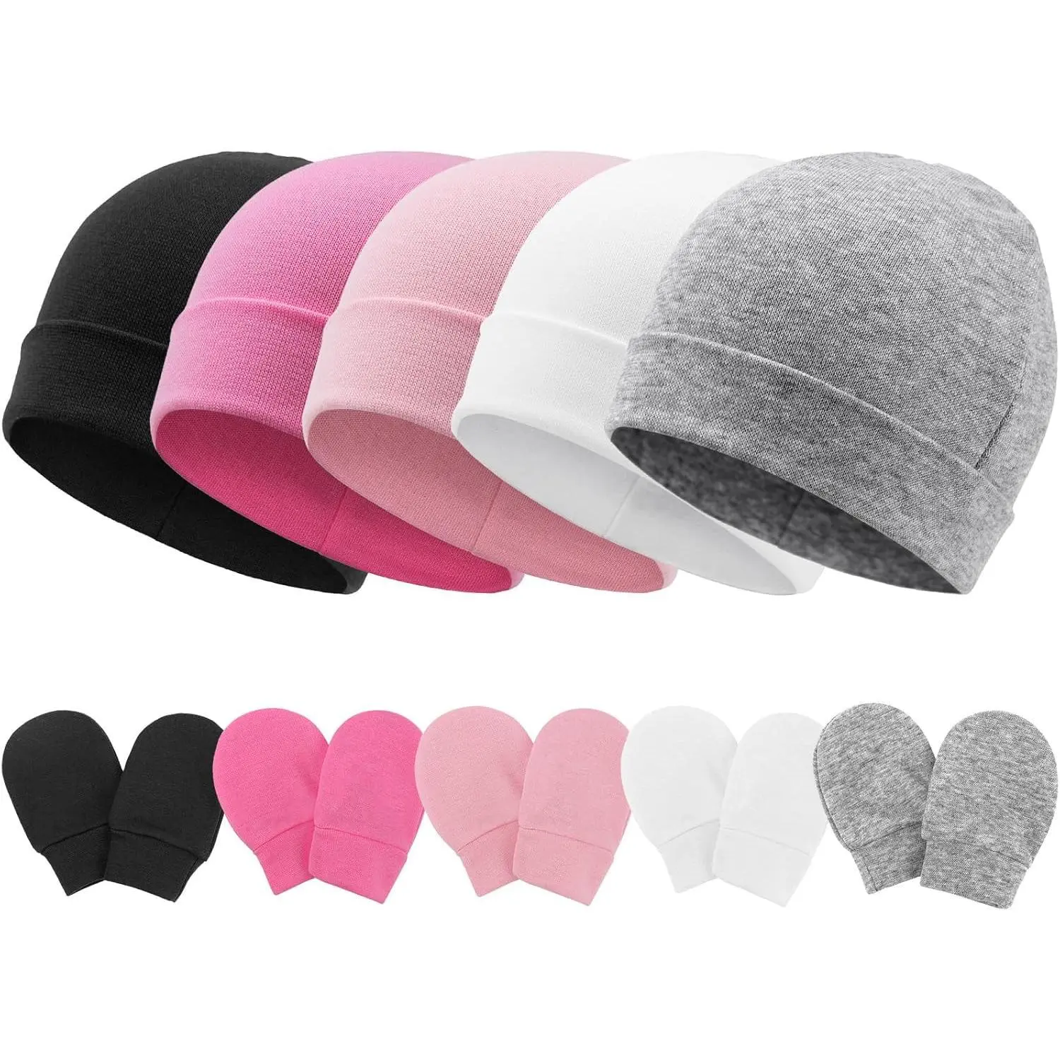 KF5-HB20 Newborn Baby Beanie Hats and Mittens Set - Cotton Infant Caps, Toddler Gloves for 0-6 Months Boys & Girls (Hospital Use Compatible), Beanies Hats