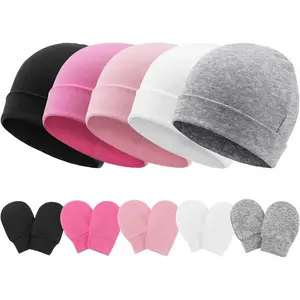 KF5-HB20  Newborn Baby Hats and Mittens Set Infant Beanie Cap Toddler Gloves Newborn Hospital Hats for Baby Boys Girls Kid 0-6 Months