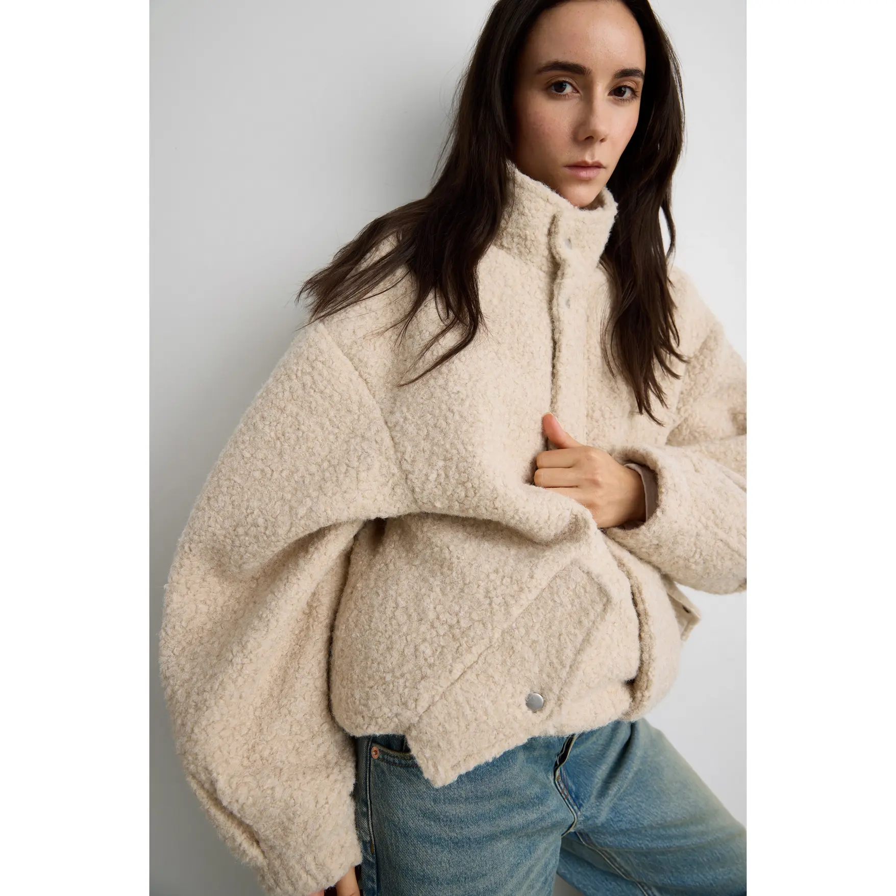 OVERSIZED BOUCLE JACKET WITH SNAP DETAIL - TikTok Shop