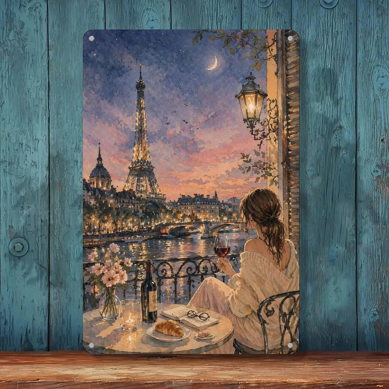 Vintage Retro Paris Eiffel Tower Sunset Wine Watercolor Tin Sign (8x12in) - France Travel Romantic Wall Decor, Balcony Home Supplies Gift