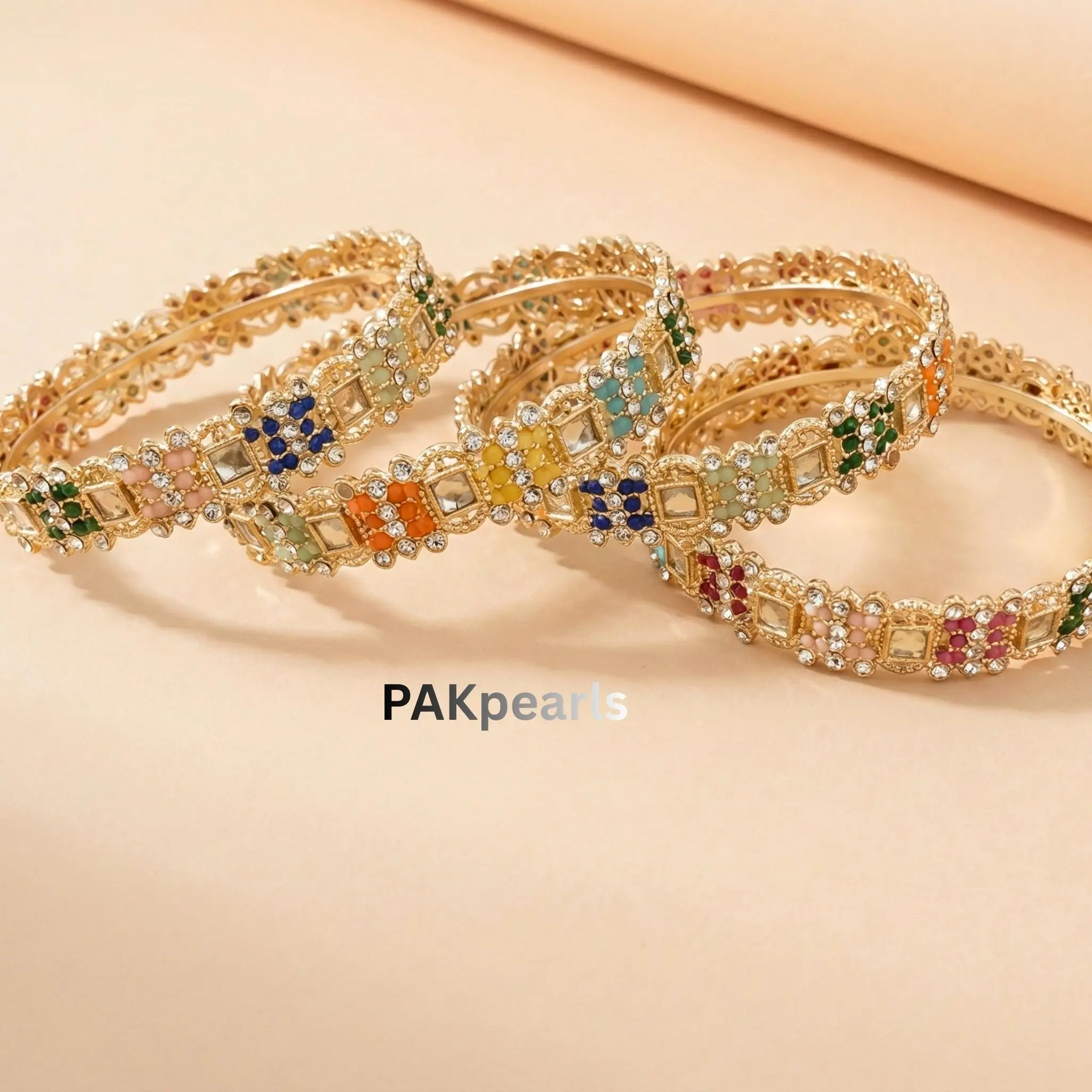 Traditional Gold Plated Bangles 4 Pcs Set with Multi Stones for Bollywood Party Wear Premium Brass Kundan Style Wedding & All Occasion Jewelry
