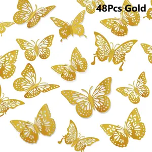 Hollow Out Butterfly Sticker for Cake Decor, 48pcs/set 3D Butterfly Wall Decal, Cake Decoration, Party Decoration, Home Decor for Birthday Wedding Party