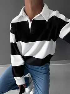 Men's Striped Polo Shirt, Casual Classic Fitted Long Sleeve Pullover Sweater, Fall & Winter Fashion, Polyester Knit Top, Menswear