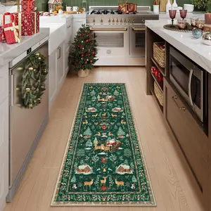 Christmas Kitchen Rug Set, Reindeer Santa Claus Design, Pet-Friendly Non-Slip Soft Plush Mats, Ideal for Indoor Use, Farmhouse Kitchen Rug