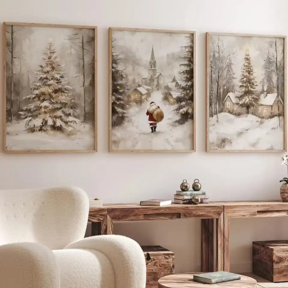3pcs Christmas Winter Landscape Canvas Print Poster, Vintage Santa Art Unframed Wall Home Decor, Holiday Gift, No Ca Prop 65 Re