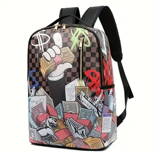 Trendy Japanese anime style checkerboard personality PU neutral backpack travel bag large capacity computer bag travel nurse teacher