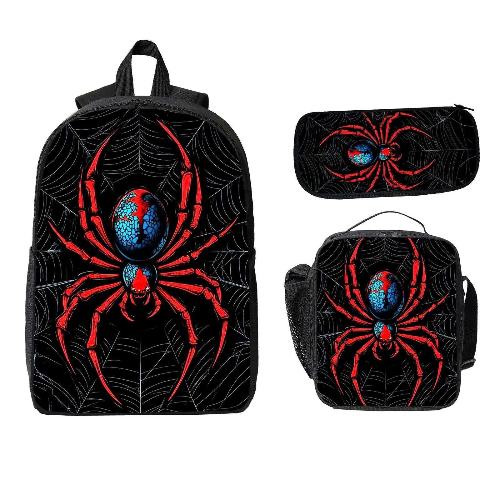3PCS Spider Graphic Backpack Set for Teens – Large Capacity School Backpack with Lunch Bag & Pencil Case, Spider Web Bookbag for Boys & Girls school haul