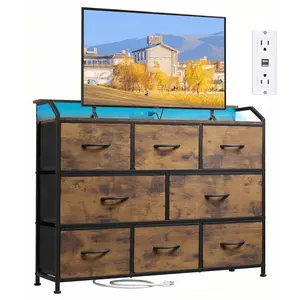 Fabric Drawer Dressing Table with LED Lights & Power Outlets, multifunctional storage cabinet for household bedroom makeup storage.