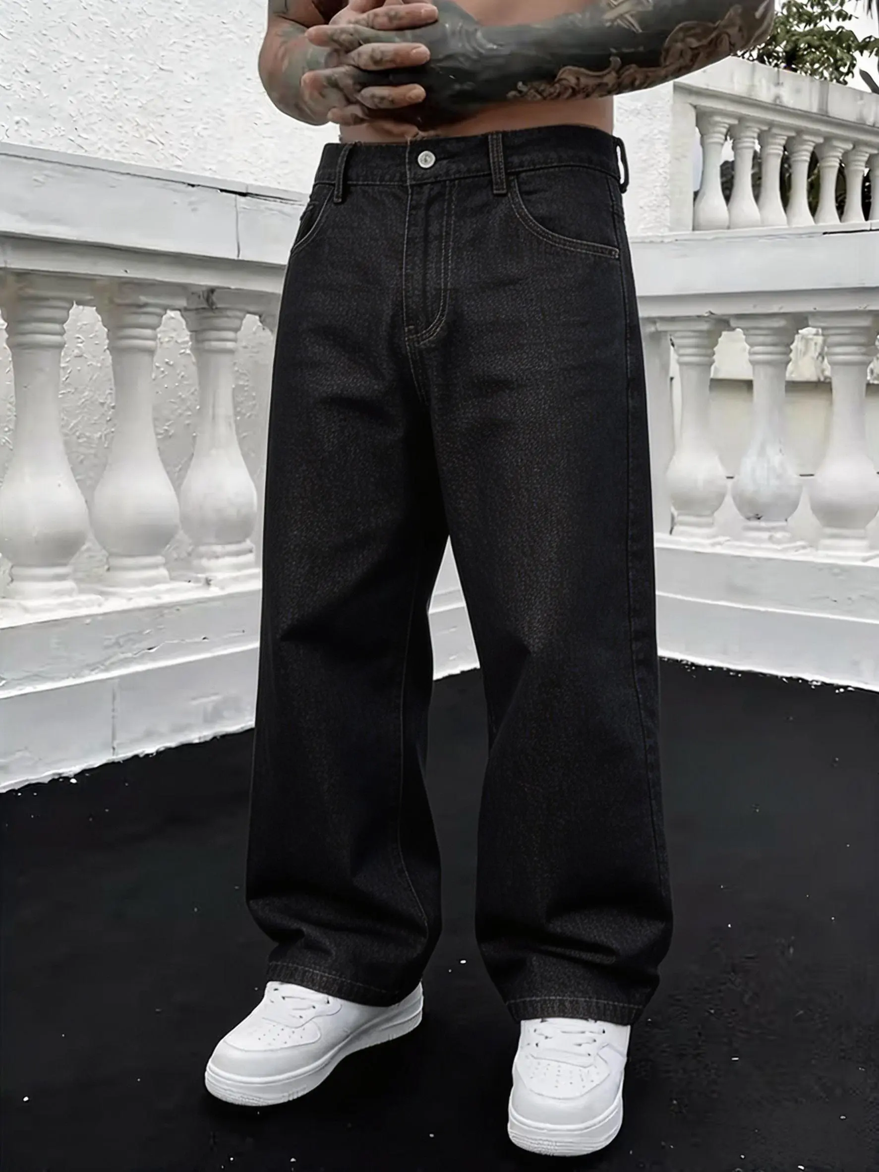 Men's Stylish Streetwear Raw Denim Jeans, Vintage Wash Straight Wide-Leg Pants in Black/Gray with a Drapey Floor-Length Fit, Menswear, Plain
