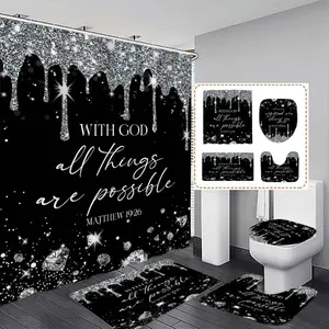 Luxury Silver Diamond Print Shower Curtain Set, Modern Bathroom Divider with 12 Hooks, No-Drill Bath Curtain, Home Decor Decoration Gift
