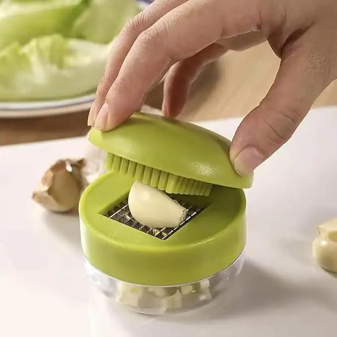 Mini Garlic Chopper and Press with Container Manual Garlic Mincer Crusher Vegetable Dicer Ginger Grinder Slicer Stainless Steel Blades Kitchen Gadgets
