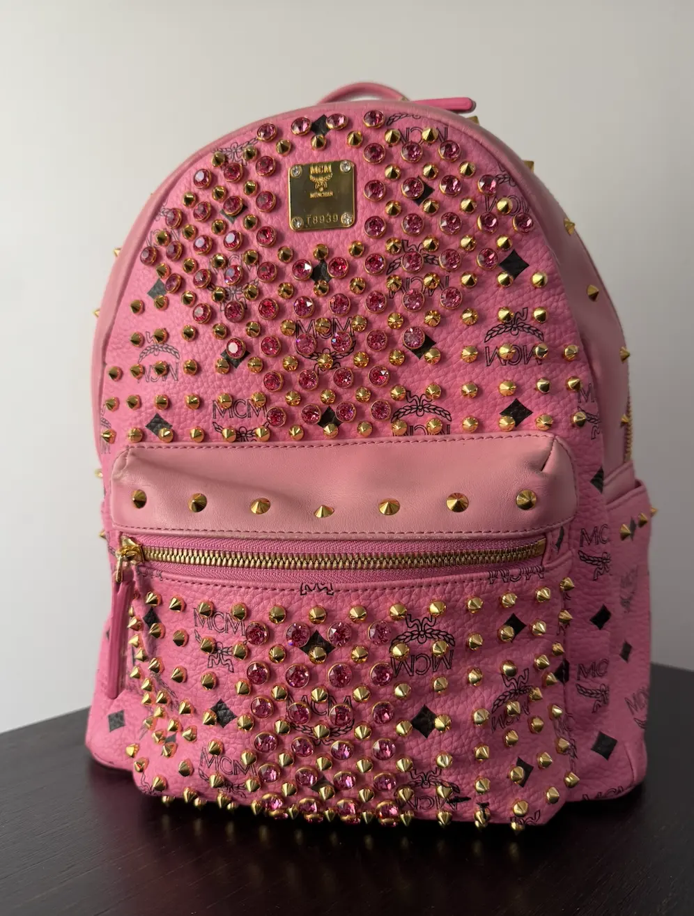 Pre-owned MCM Leather Backpacks Pink Visetos Swarovski Studded Backpack with Gold Studs and Rhinestones