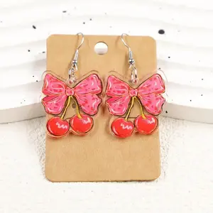 New Cute Pink Bow Cherry 2D Flat Acrylic Versatile Sweet Earrings