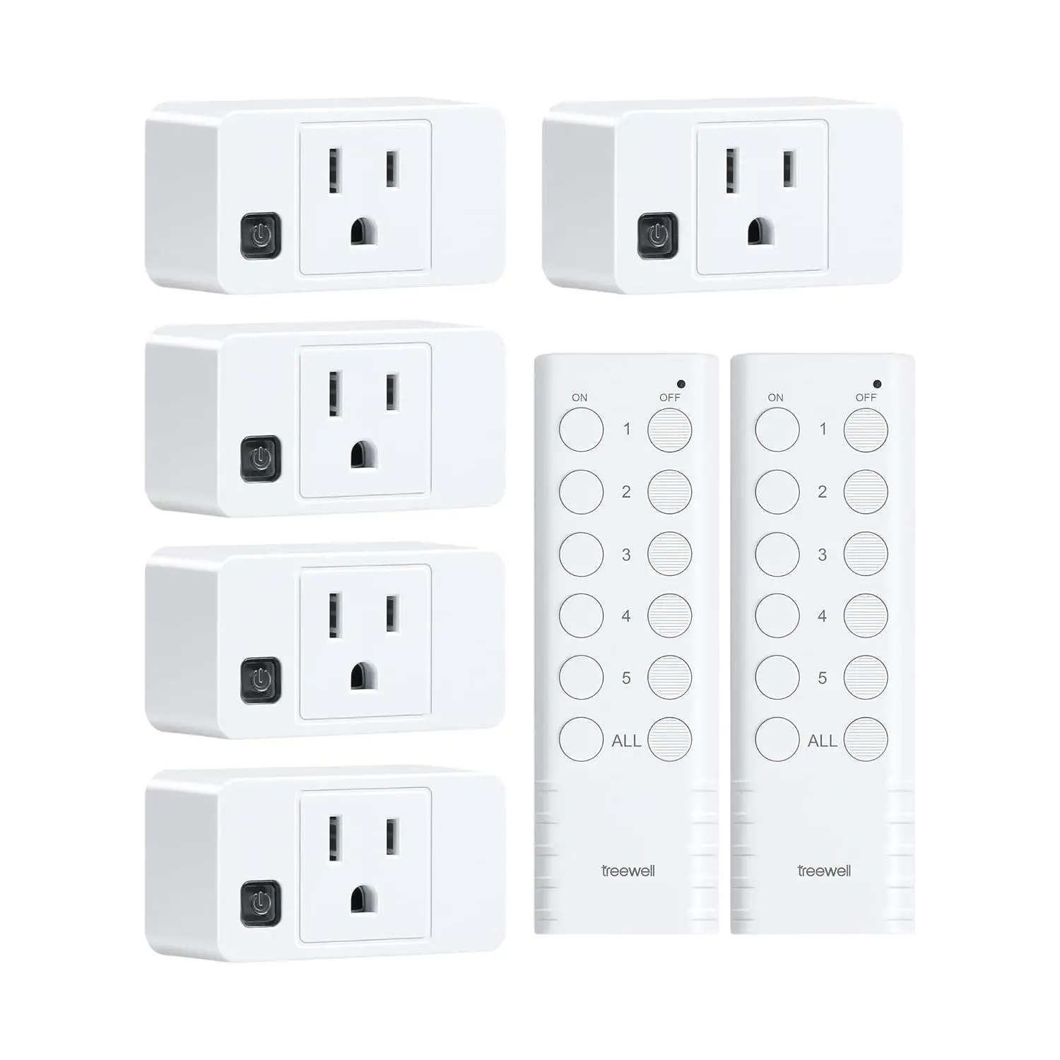 Wireless remote control socket, 200-foot long-range remote control light switch, mini remote control socket plug, 15A/1875W high power, suitable for lamps, lighting fixtures, home appliances, FCC and ETL certified (5 sockets + 2 remote controls)