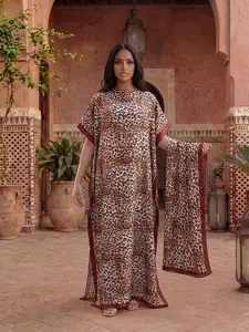 Women's Leopard Print Robe Set, Elegant Fitted Long Dress & Headscarf, Beach Cover-Up Sun Protection Satin Scarf, All Seasons Fashion