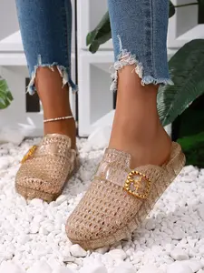 Women's Open Toe Half Slippers Outdoor New Flat Crystal Home Anti-Slip Cool Slipper, PVC Upper Material, Casual Style, Footwear, House Slides