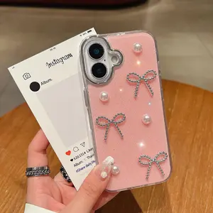 Silver Color Frame Jelly Case Protector for iPhone 11/12/13/14/15/16 Pro/plus/pro Max, Elegant Pearl Bow Design, Fashion Luxury Phone Cover
