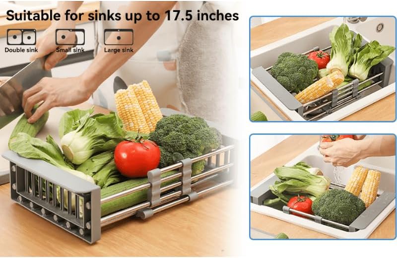 Adjustable Over-the-Sink Dish Drying Rack – Telescopic Stainless Steel Drain Basket, Space-Saving Organizer for Dishes, Fruits & Vegetables