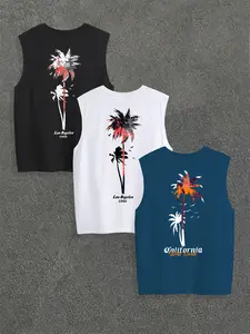 Men's Classic Tropical Coconut Tree Letter Print Round Neck Sleeveless T-Shirt Set, Casual Summer Tee, Casual Comfortable Summer Outdoor Fitness Wear, 3 Piece, Casual Fashion Wear