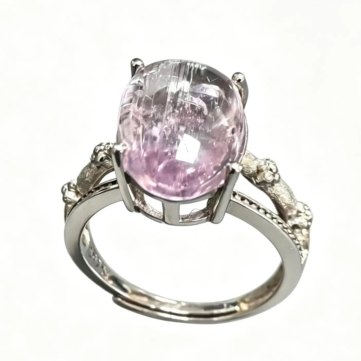Unisex 925 Silver Natural Kunzite Ring - Organic Twig Design, Open-Style Band, Adjustable, 14.5×9.5mm, Calm Emotional Healing, Everyday Wear Natural Crystal Jewelry with Diamond Accents